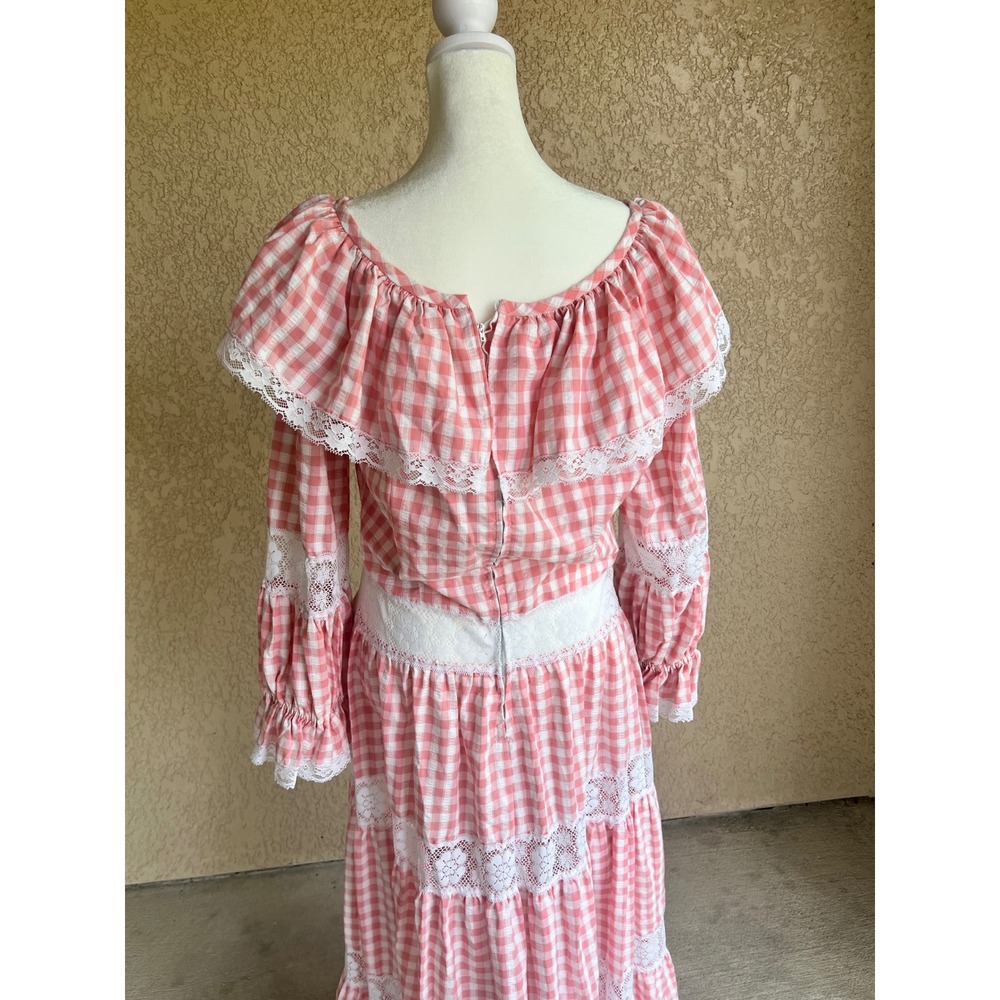 Vintage 70s Prairie Dress Pink Gingham Checkered Lace Trim Maxi Cottagecore S/M - Picture 5 of 11
